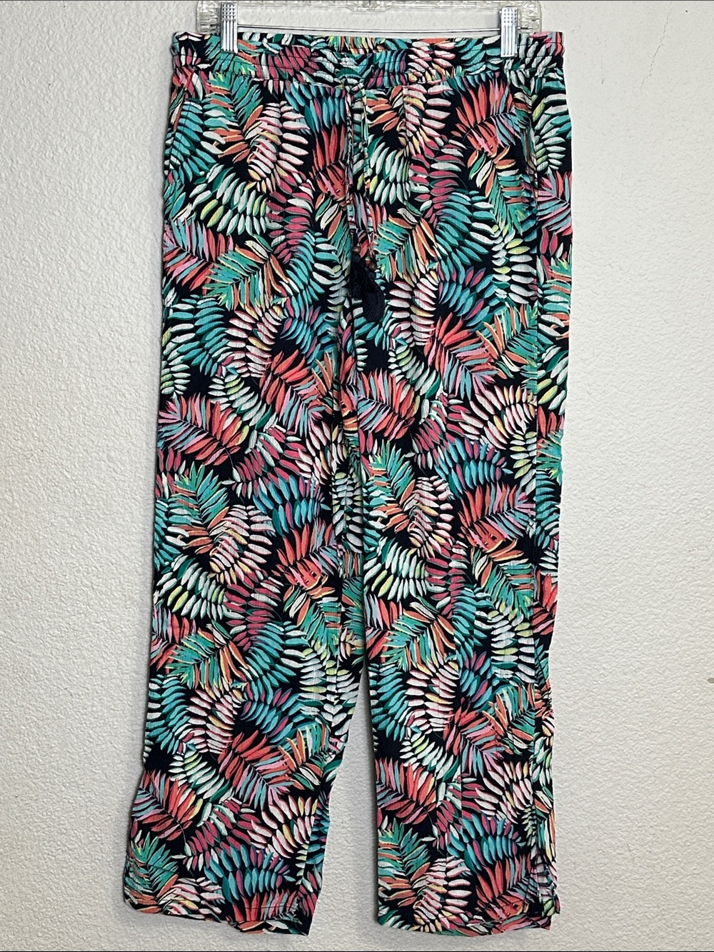 Talbots Crinkle Cotton Beach Pants Breezy Palm Print Resort Wear Coastal Medium - Picture 2 of 12